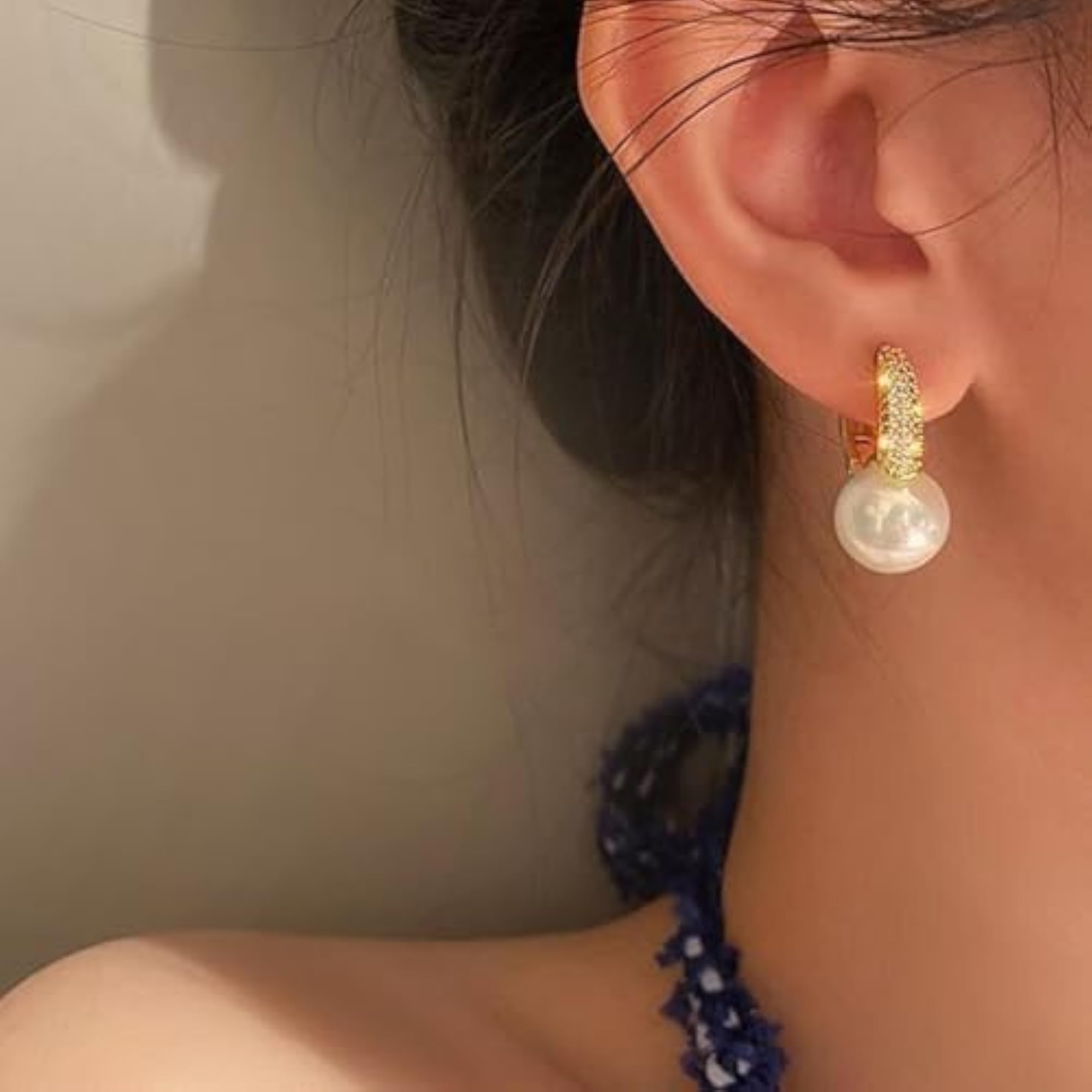 Gold Plated Cubic Zirconia Pearl Studded Hoop Earrings